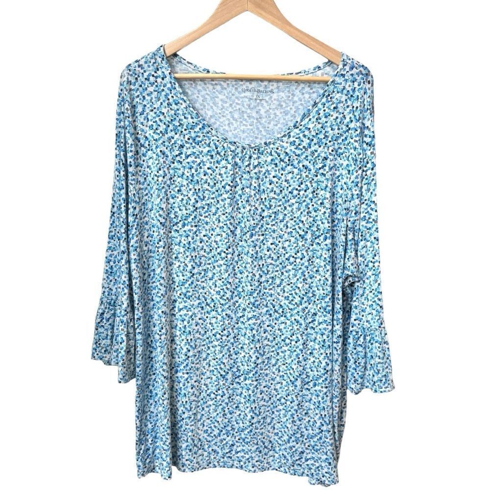 Croft & Barrow Relaxed Blue Print Bell Sleeve Pullover Flowy Blouse Top. 3X Plus
